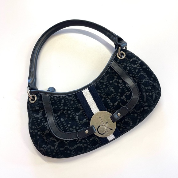 Calvin Klein Handbags - Vintage Y2K Calvin Klein Black Mini Monogram Suede Shoulder Baguette Bag Purse